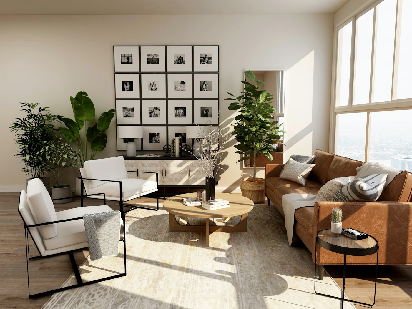 Sunlit living room with a generous sofa and garden views